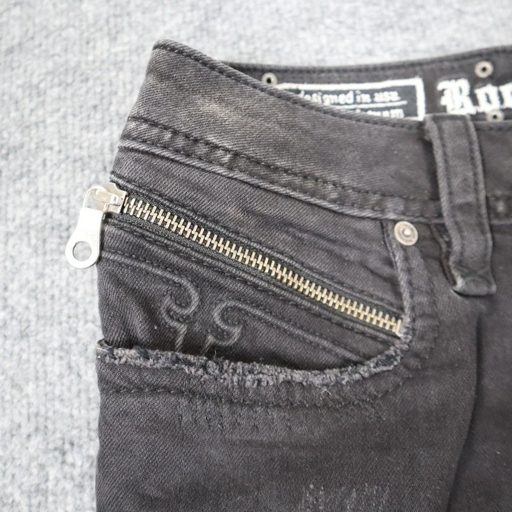 Rock Revival Moto Men Black Distressed Biker Jeans‎ Slim Fit Ribbed Details READ